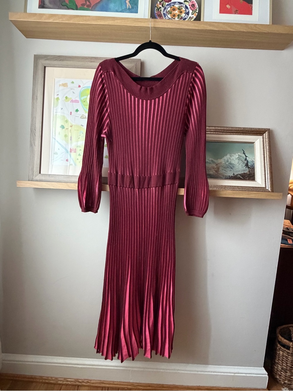 Boden Berry-Red Ribbed Long-Sleeve Midi Dress